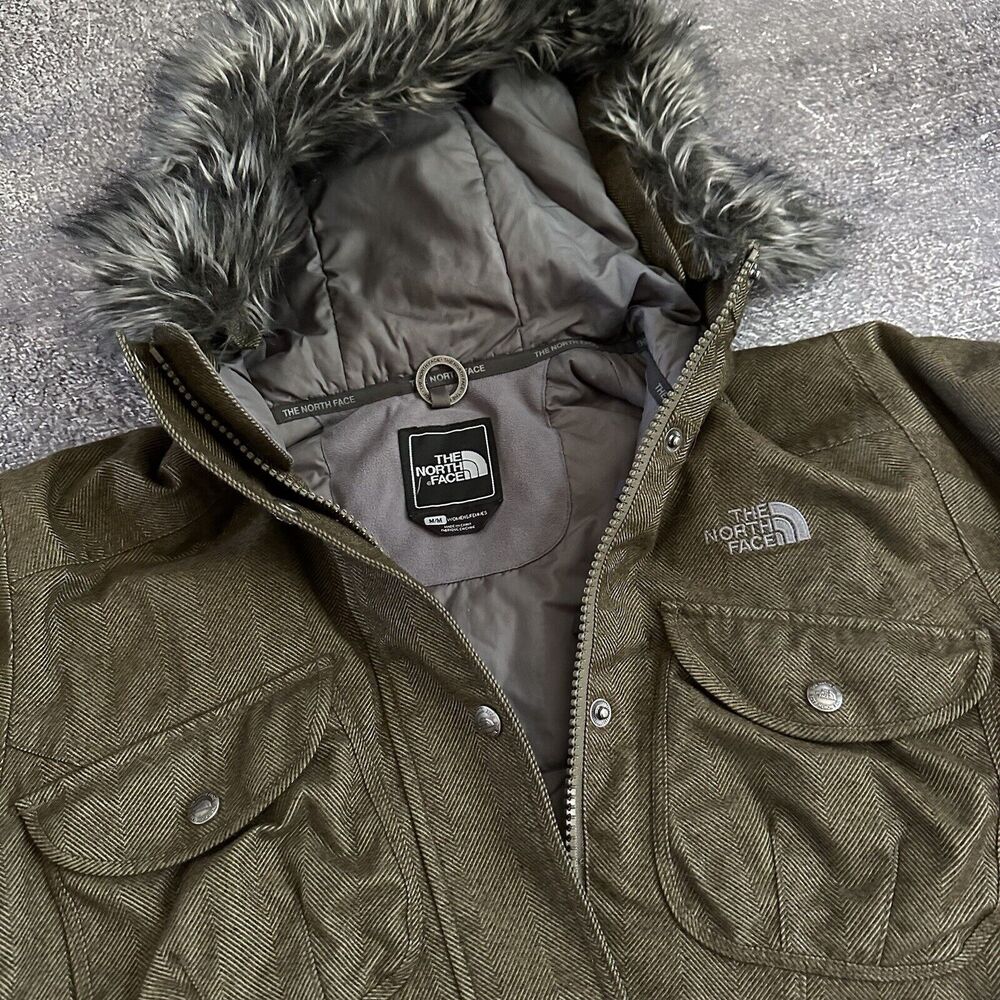 Women's The North Face Army Moss Green Herringbone Insulated Fux Fur Jacket Sz M